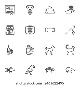 Pets care line icons set, outline vector symbol collection, linear style pictogram pack. Signs, logo illustration. Set includes icons as canine food, animals, toys, vaccine, certificate, cat, dog