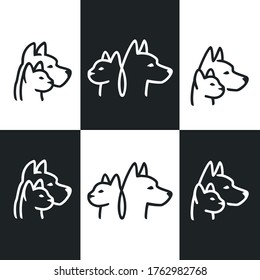 Diseño de logotipos para mascotas con perros y gatos aislados en el fondo blanco para su tienda de mascotas, cuidado de mascotas, clínica veterinaria. Diseño simple de animales en un estilo lineal. Ilustración vectorial.