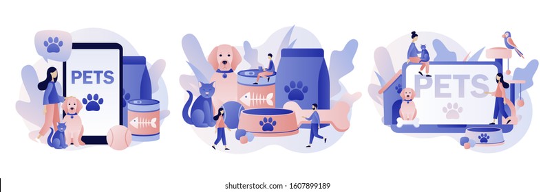 Pets care. Pet shop. Tiny people and Pets Concept. Modern flat cartoon style. Vector illustration on white background