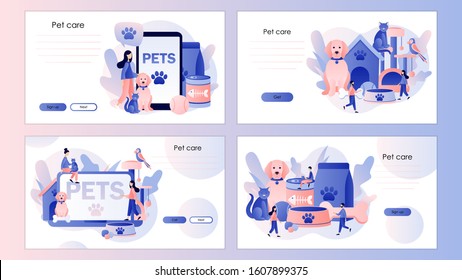 Pets care. Pet shop. Tiny people and Pets Concept. Screen template for mobile smart phone, landing page, template, ui, web, mobile app, poster, banner, flyer. Modern flat cartoon style. Vector 