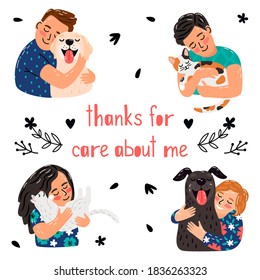 Pets care poster. Children hugging dog cats, thanks for caring. Animal adoption vector background