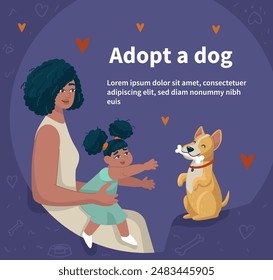 Pets care poster. Children hugging dog cats, thanks for caring. Animal adoption vector background