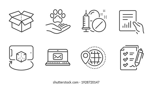 Pets care, Survey checklist and E-mail line icons set. Open box, Medical drugs and World travel signs. Augmented reality, Document symbols. Shelter, Report, New message. Business set. Vector