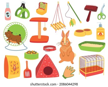 Pets care tools. Different domestic animals caring accessories collection, pet store products. Toys, shampoos and food, rabbit and hamster, cage and hygiene supplies, vector cartoon isolated set