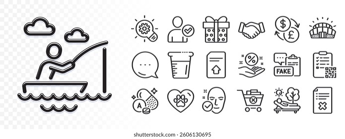 Pets care, Upload file and Lounger line icons for web app. Glare of light effect. Message icon. Pack of Fake document, Health skin, Remove purchase pictogram icons. Vector