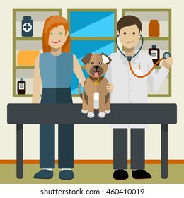 Pets care vector creative flat concept illustration, veterinarian, customer, dog, medicine on shelf, for posters and banners