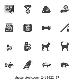 Pets care vector icons set, modern solid symbol collection, filled style pictogram pack. Signs, logo illustration. Set includes icons as canine food, animals, toys, vaccine, certificate, cat, dog