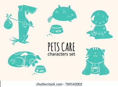 Pets care vector illustration. Animal shelter characters set with dog and cat. Doodle style.