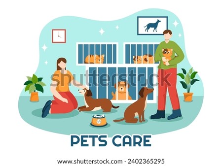 Pets Care Vector Illustration with Animal Shelter or Vet Clinic for Taking Care of Dog or Cat in Healthcare Flat Cartoon Background Design