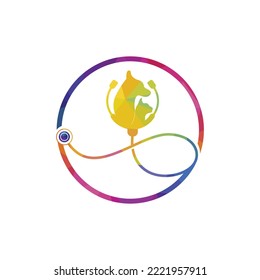 Plantilla de diseño del logotipo del vector de cuidado de mascotas. Vet con el diseño del logo estetoscopio.	