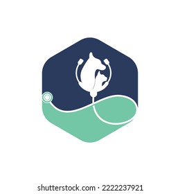 Plantilla de diseño del logotipo del vector de cuidado de mascotas. Vet con el diseño del logo estetoscopio.	