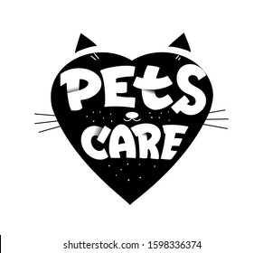 Pets care vet clinic hand drawn vector logotype. Stylized heart shaped cat snout with handwritten lettering. Domestic animals shelter emblem with creative paper cut inscription. Pet center logo