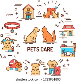 Pets care web banner. Services for domestic animals. Infographics with linear icons on white background. Creative idea concept. Isolated outline color illustration.