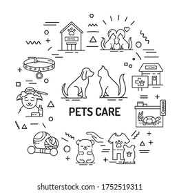 Cartel web de cuidado de mascotas. Servicios para animales domésticos. Infografía con iconos lineales sobre fondo blanco. Concepto creativo. Ilustración negra de contorno aislado