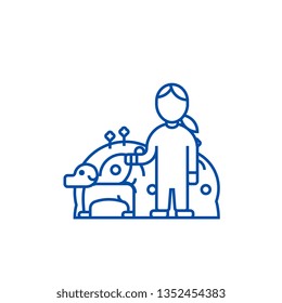 Pets care,dog with woman,animal care line icon concept. Pets care,dog with woman,animal care flat  vector symbol, sign, outline illustration.