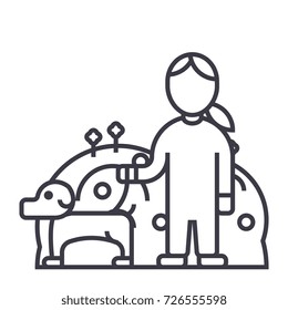 pets care,dog with woman,animal care vector line icon, sign, illustration on background, editable strokes