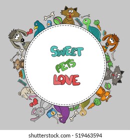 Pets cartoon frame or background. Vector home animals.