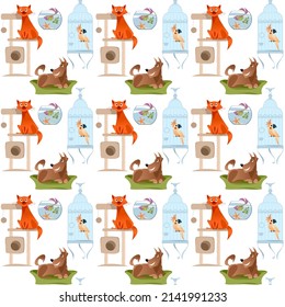 Pets. Cat in activity tree house, dog on dog bed, fish in glass bowl, parrot in large cage. Seamless background pattern. Vector illustration

