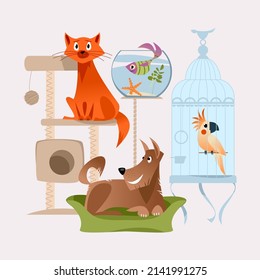 Pets. Cat in activity tree house, dog on dog bed, fish in glass bowl, parrot in large cage. Vector illustration

