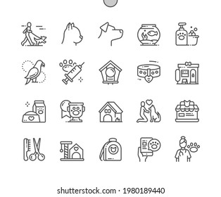 Pets. Cat, Dog, Bird And Aquarium. Online Pet Store And Grooming. Backpack For Cat. Pixel Perfect Vector Thin Line Icons. Simple Minimal Pictogram