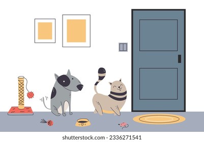 Pets cat dog waiting owners near door concept. Vector graphic design illustration