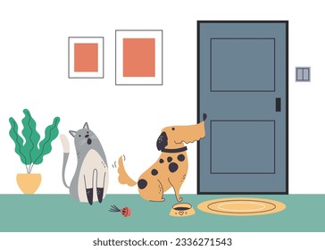 Pets cat dog waiting owners near door concept. Vector graphic design illustration