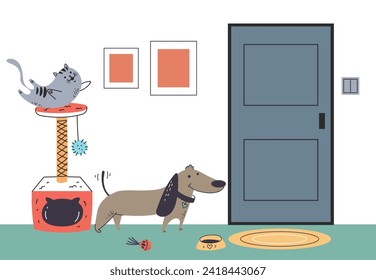 Pets cat dog waiting owners near door concept. Vector graphic design illustration