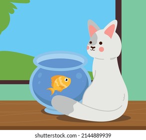 pets cat and fish in the window