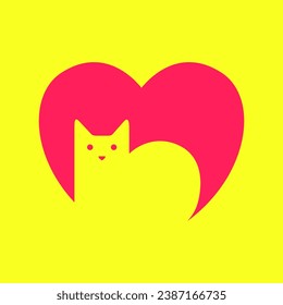 pets cat lover heart shape modern minimalist clean flat mascot character logo design vector icon illustration