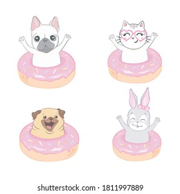 Pets. Сute cat, rabbit, dog and donut isolated on white background. Vector illustration