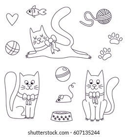 Pets cats animals doodle collection kittens with toys mouse balls