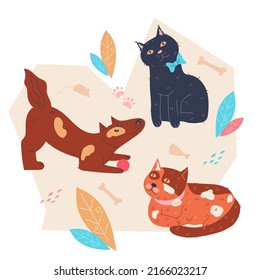 Pets cats and dogs, domestic animals in decorative banner flat vector illustration isolated on white background. Creative banner for veterinary, animals adoption and homeless animal fund, pets shop.