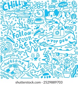 Pets, cats and dogs seamless pattern in doodle style. Cute linear vector blue and white animals with handwritten typography