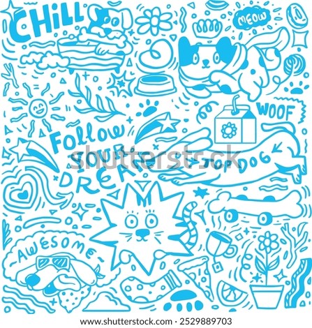 Pets, cats and dogs seamless pattern in doodle style. Cute linear vector blue and white animals with handwritten typography