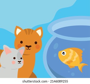 pets cats and fish in bowl