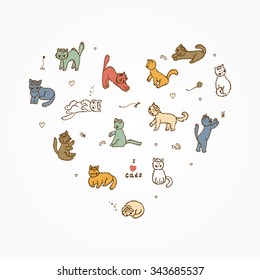 Pets. Cats Vector Set in Heart shaped. Hand Drawn Doodle fluffy Kittens. Valentine Card with kittens.