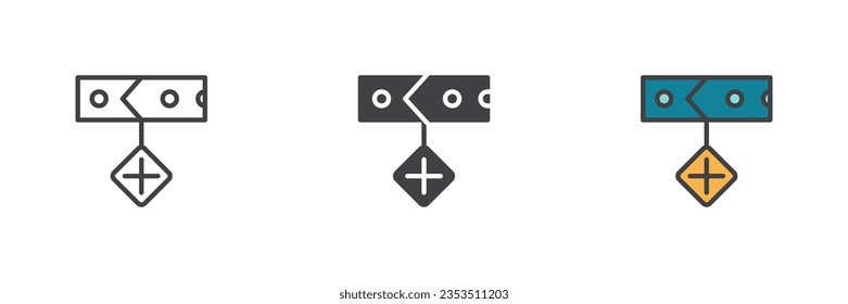 Pets collar with tag different style icon set. Line, glyph and filled outline colorful version, outline and filled vector sign. Symbol, logo illustration. Vector graphics