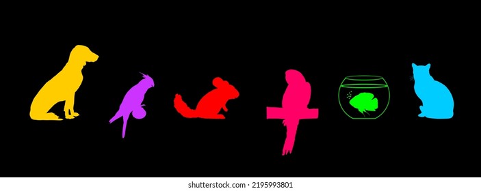 Pets collection. Domestic dog and cat vector silhouette illustration isolated on black. Macaw parrot and Cockatail Corella birds. Chinchilla animal. Exotic Oscar fish in fishbowl aquarium. Pet shop.