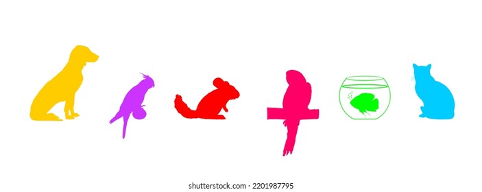 Pets collection. Domestic dog and cat vector silhouette illustration isolated on white. Macaw parrot and Cockatail Corella birds. Chinchilla animal. Exotic Oscar fish in fishbowl aquarium. Pet shop.