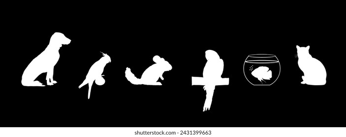 Pets collection. Domestic dog and cat vector silhouette illustration isolated on black. Macaw parrot and Cockatail Corella birds. Chinchilla animal. Exotic Oscar fish in fishbowl aquarium. Pet shop.