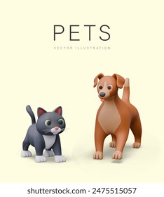 Haustiere Konzept im Cartoon-Stil. Set von Vektorgrafik 3D Tierfiguren. Katze und Hund