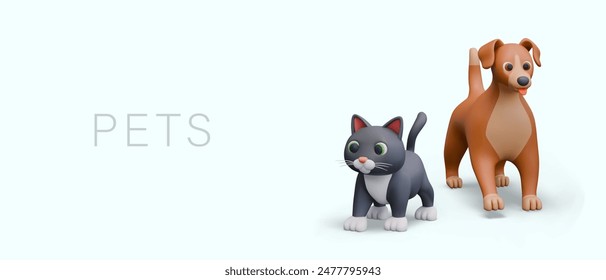 Pets concept. Cute 3D cat and dog. Fluffy domesticated animals