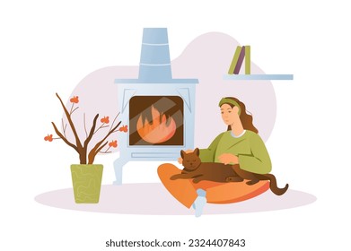 Pets concept with people scene in the flat cartoon design. A girl rests with her cat by the fireplace. Vector illustration.