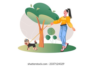Concepto de mascotas con escena popular en el diseño de dibujos planos. Una chica camina con su perro en el parque. Ilustración vectorial.