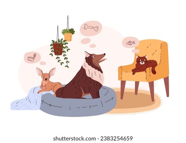 Pets in a cozy home dream about food, bones, fish, meat. Cartoon dogs are lying on the loungers, cat is on the chair. Vector illustration pet apartment isolated on white background
