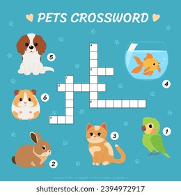 Pets crossword. Children's educational puzzle game with cat, dog, rabbit, hamster, parrot and goldfish. Printable worksheet for kids. Vector flat illustration