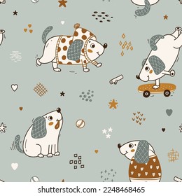 Pets. Cute Dog Seamless Pattern. Little Puppies. Baby Funny Animals. Vector Childish Background for Kids Fashion T-shirt Print Design, Nursery Wallpaper etc.