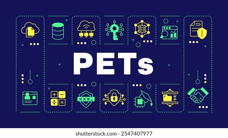 PETs conceito de palavra azul escuro. Tecnologias de privacidade. Coleta e processamento seguros de dados. Comunicação visual. Arte vetorial com texto alfabético, ícones de glifo editáveis