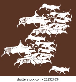 Pets depicted in the style of rock carvings.