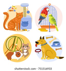 Pets design concept including cat with toy, parrots near birdcage, rodents, dog with bones isolated vector illustration 